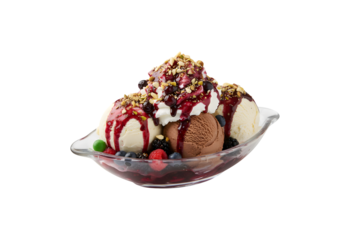 Scoops of ice cream topped with berry sauce and nuts in Berlin, Berlin, Germany

