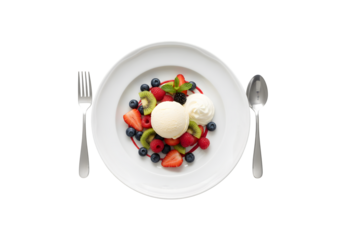 a scoop of ice cream topped with fresh fruits and whipped cream on a white plate