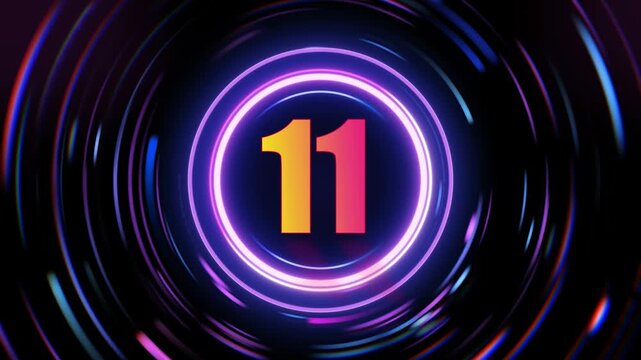 The number "11" glows brightly in neon pink and purple light, encircled by swirling rings on a dark backdrop.