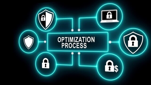 Neon glowing blue flowchart diagram on dark background, business process concept with glowing lines and circles, futuristic technology design