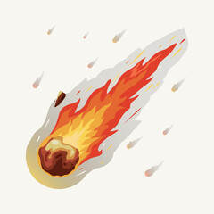 Burning asteroid illustration flying through space with fiery trail and fragments, dramatic meteor impact concept in flat vector style isolated on light background