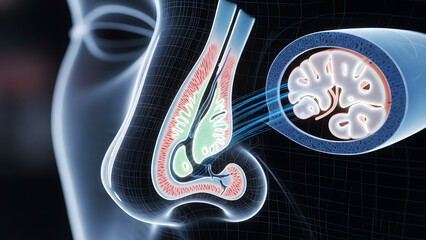 3D medical illustration of human nasal cavity and olfactory system with sensory wave visualization