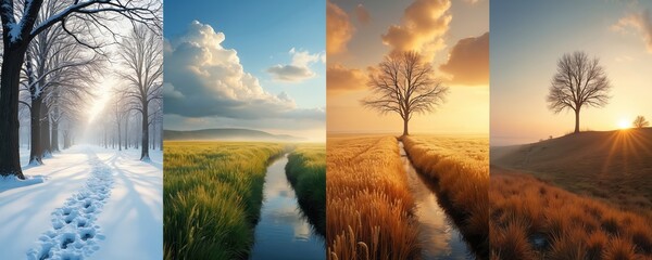 collage shows winter forest with snow path spring meadow and summer sunset over field autumn grass and tree. Landscape changes during yearly cycle shows nature beauty.