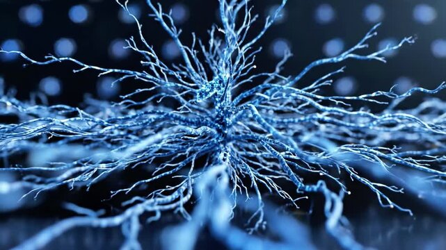 A glowing blue neural network with branching fibers and nodes set against a dark background with blurred lights
