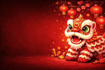 Chinese New Year Lion Dance Illustration with Copy Space