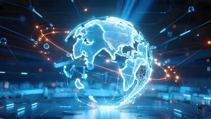 Digital globe with glowing connections representing global networking and technology innovation in a futuristic setting. - Powered by Adobe