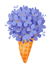 blue floral bouquet in waffle cone, playful stylized illustration of violet blossoms arranged like ice cream,
