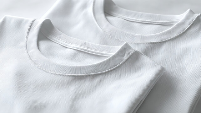 Close-up of two pristine white T-shirts, highlighting the neckline detail and texture. The folded fabric adds a touch of elegance