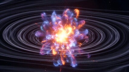 Abstract energy explosion with swirling rings, representing a powerful cosmic event or quantum phenomenon in a dark, mysterious setting.