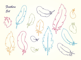 Vector Set of Vintage Colorful Feathers. Hand Drawn Doodles illustration