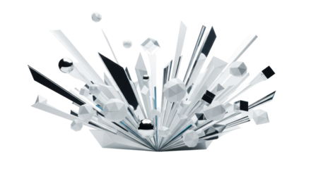 Abstract geometric shapes in silver, white, and acrylic with electric blue accents, bursting outwards on a transparent studio background with high-key lighting, progressive innovation concept