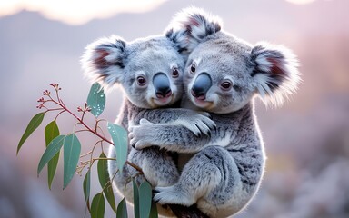 Two adorable koalas embracing in a tree