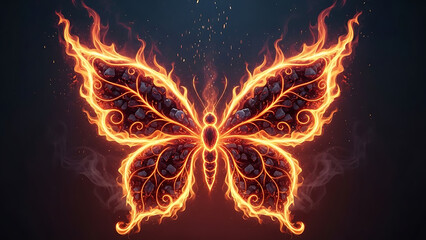Vibrant fiery butterfly with glowing orange flames and dark background