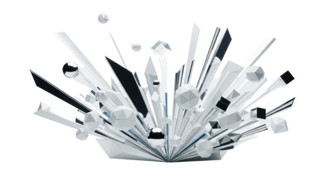 Abstract geometric shapes in silver, white, and acrylic with electric blue accents, bursting outwards on a transparent studio background with high-key lighting, progressive innovation concept - Powered by Adobe