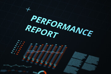 Performance report isometric perspective low angle selective focus glowing blue typography orange and blue bar graphs line charts dark minimalist grid background.
