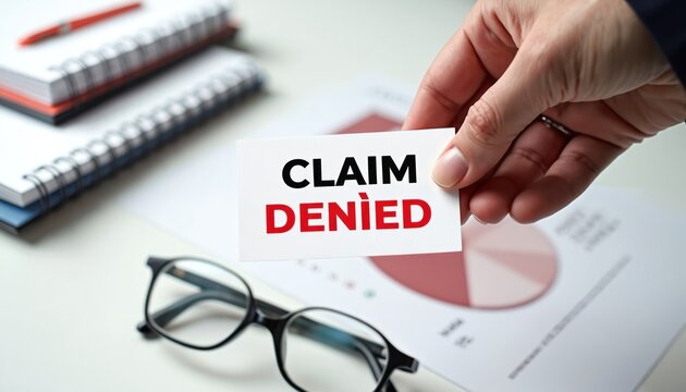 Hand holding business card with Claim Denied text. Concept of rejection denial. Financial insurance claim rejected in office with documents. Healthcare coverage denial.