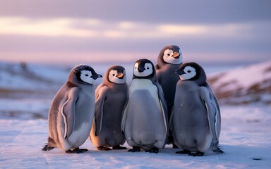 Fototapeta premium Five adorable penguin chicks huddling together in snowy landscape