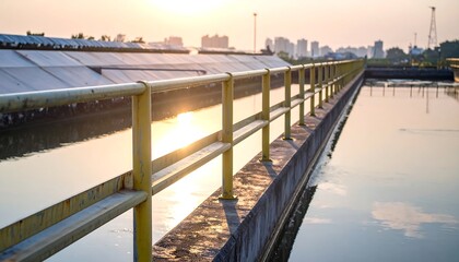 Obraz premium The sun sets over a serene industrial waterway with solar panels and a cityscape in the background, reflecting on the calm water surface from a side viewpoint.