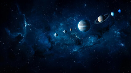 Celestial bodies in a starry night sky with planets and nebula space galaxy stars