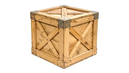 The old wooden crate sits on a white background with metal straps.