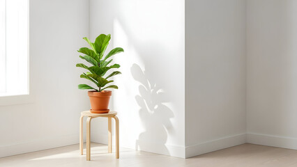 Potted Plant on Stool in Bright Room.