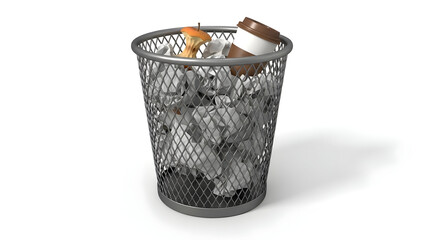 Top-down view of a metal trashcan overflowing with paper and a coffee cup in a minimalist office setting - 3D rendered image