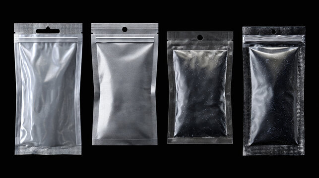 Four transparent pouches standing in a row, each containing an unidentified object inside. They vary in size, shape, and design, and are sealed and ready for use