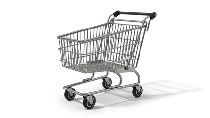 A shopping cart with four wheels is positioned on a simple white floor, captured from a slightly elevated viewpoint, showcasing its empty metal basket.