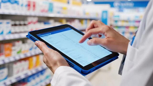 Pharmacist's Tech: A pharmacist uses a digital tablet amidst rows of medications, signifying modern healthcare. 