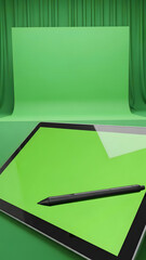 Digital Tablet with Stylus on Green Background.