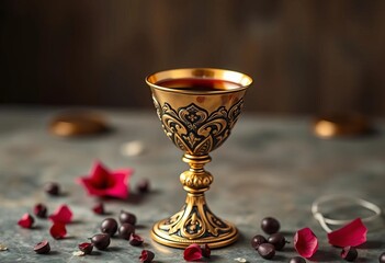 Ornate chalice filled with red wine, ready for a sacred celebration of faith and divine connection,  sacrament,  wine