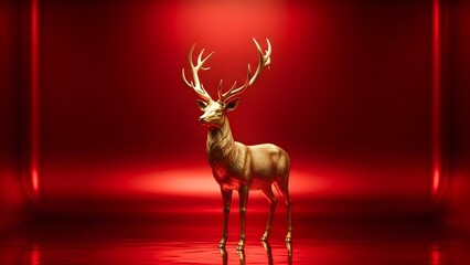 Majestic Golden Deer Statue Standing Tall Against a Vibrant Red Background.