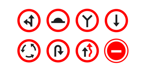 vector Set of Eight Circular Traffic Signs with Red Borders and Black Symbols on White Background
