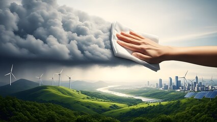 Hand Wiping Away Pollution to Reveal Clean Energy Landscape.