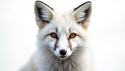 Fototapeta premium Close-up photo of a white fox with striking orange eyes on white background. Mammal isolated in studio. Portrait shows animal face, fur. Wildlife concept art.