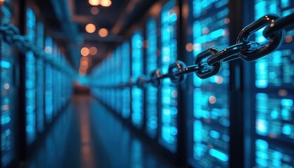Close up shot metal chain with server racks in background. Cyber security and blockchain tech protecting digital data. Futuristic database with blockchain protection with encoded nodes data.