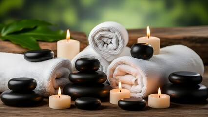Spa still life with candles, towels, and stones for relaxation and wellness.