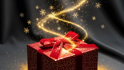 Magical Christmas Gift Box with Golden Sparkles and Snowflakes on a Dark Background.