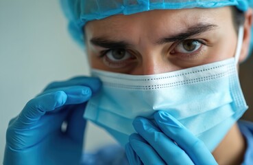 Close up photo of a healthcare worker removing surgical face mask. The medical professional wears protective blue gloves and head cover. Portrait of a doctor after work.