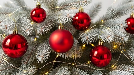 Close-up of a festive Christmas tree adorned with shiny red ornaments and twinkling lights, creating a joyful holiday atmosphere.