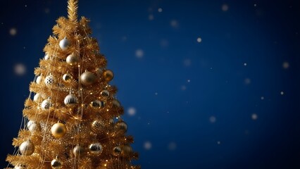 Golden Christmas Tree with Ornaments Against a Snowy Blue Background.
