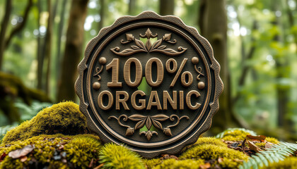 100 percent organic natural badge in forest setting best for eco branding, organic product labels, and sustainability marketing