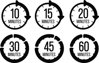 Obraz premium Set of black stopwatch timer icons showing 10, 15, 20, 30, 45, and 60 minutes duration for time management