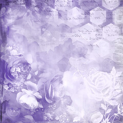 Soft Purple Rose Bloom with Faded Script and Geometric Textures