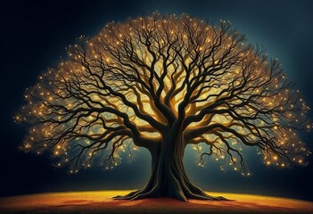 A solitary oak with luminous, interconnected branches forming a brain-like structure,  solitude,  brain