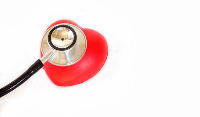 Stethoscope wrapped around red heart icon, clean and minimal medical design.