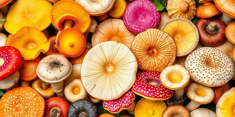 A vibrant collection of various mushrooms, showcasing diverse textures and colors,  design,  ground