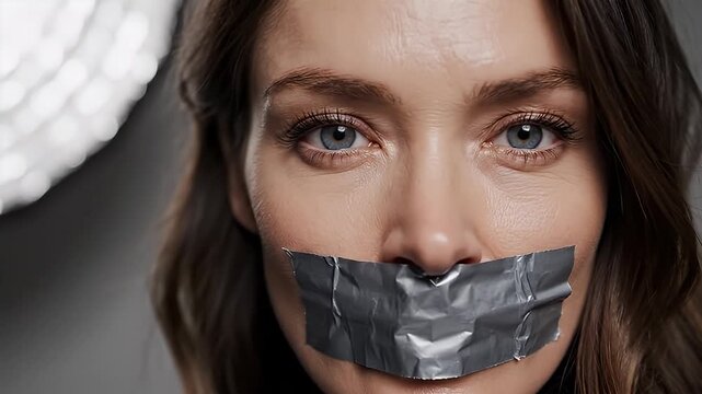 Woman with duct tape covering her mouth concept of silence and censorship
