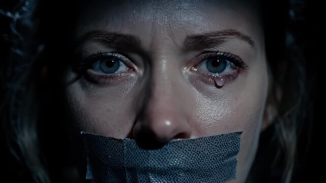 Fearful Woman Crying with Mouth Gagged by Duct Tape in Darkness