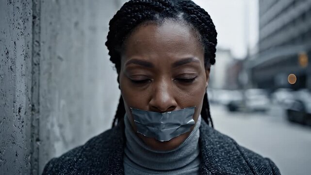 Woman Silenced by Tape Urban Setting Social Issues Portrait